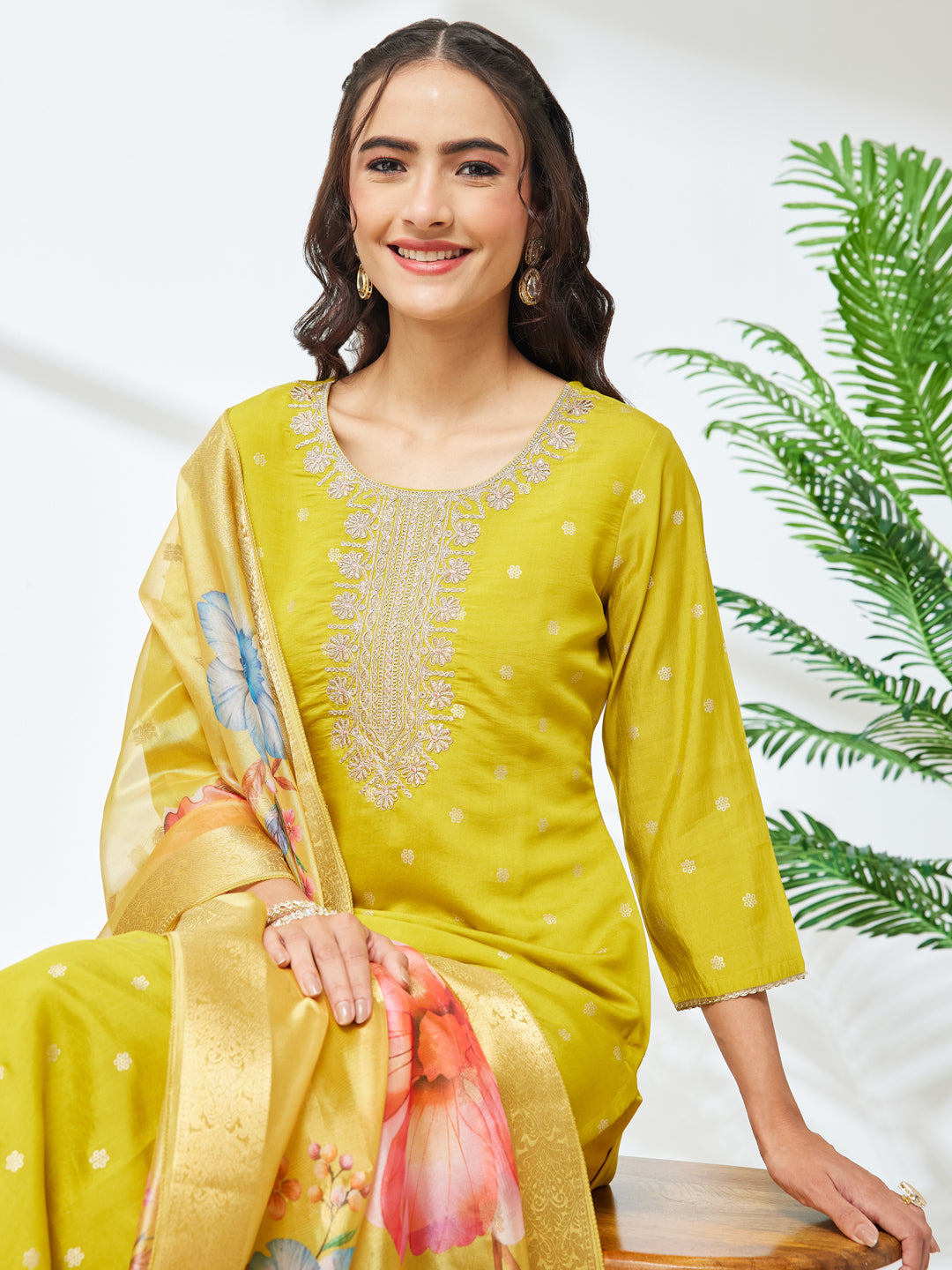 Janasya Lime Yellow Straight Silk Blend Kurta,Bottom & Dupatta - Dista