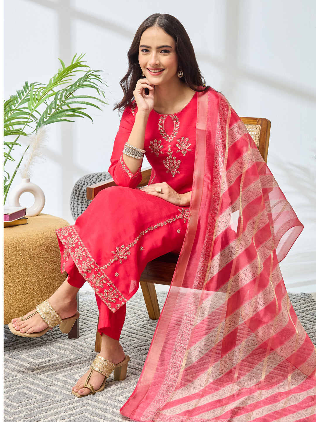 Janasya Pink Straight Silk Blend Kurta,Bottom & Dupatta - Dista