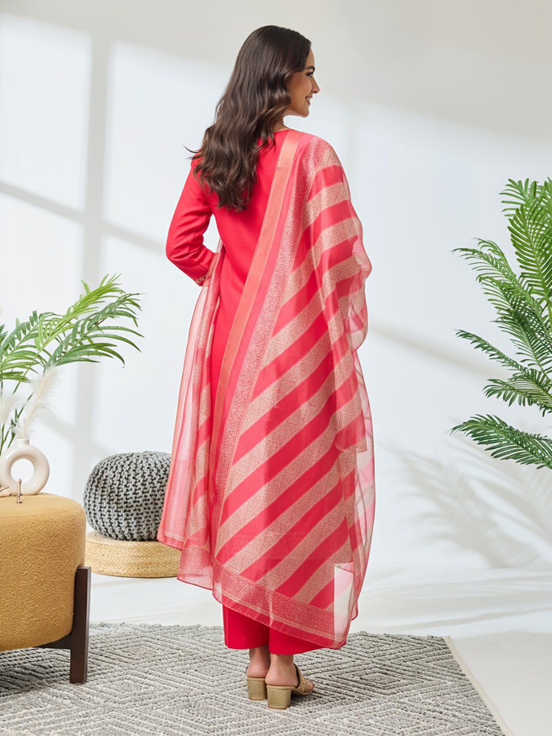 Janasya Pink Straight Silk Blend Kurta,Bottom & Dupatta - Dista