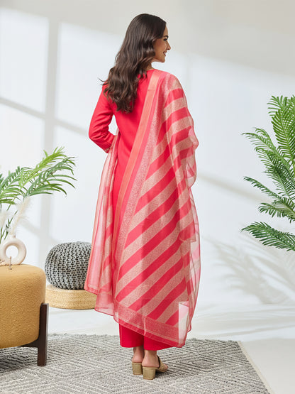 Janasya Pink Straight Silk Blend Kurta,Bottom & Dupatta - Dista