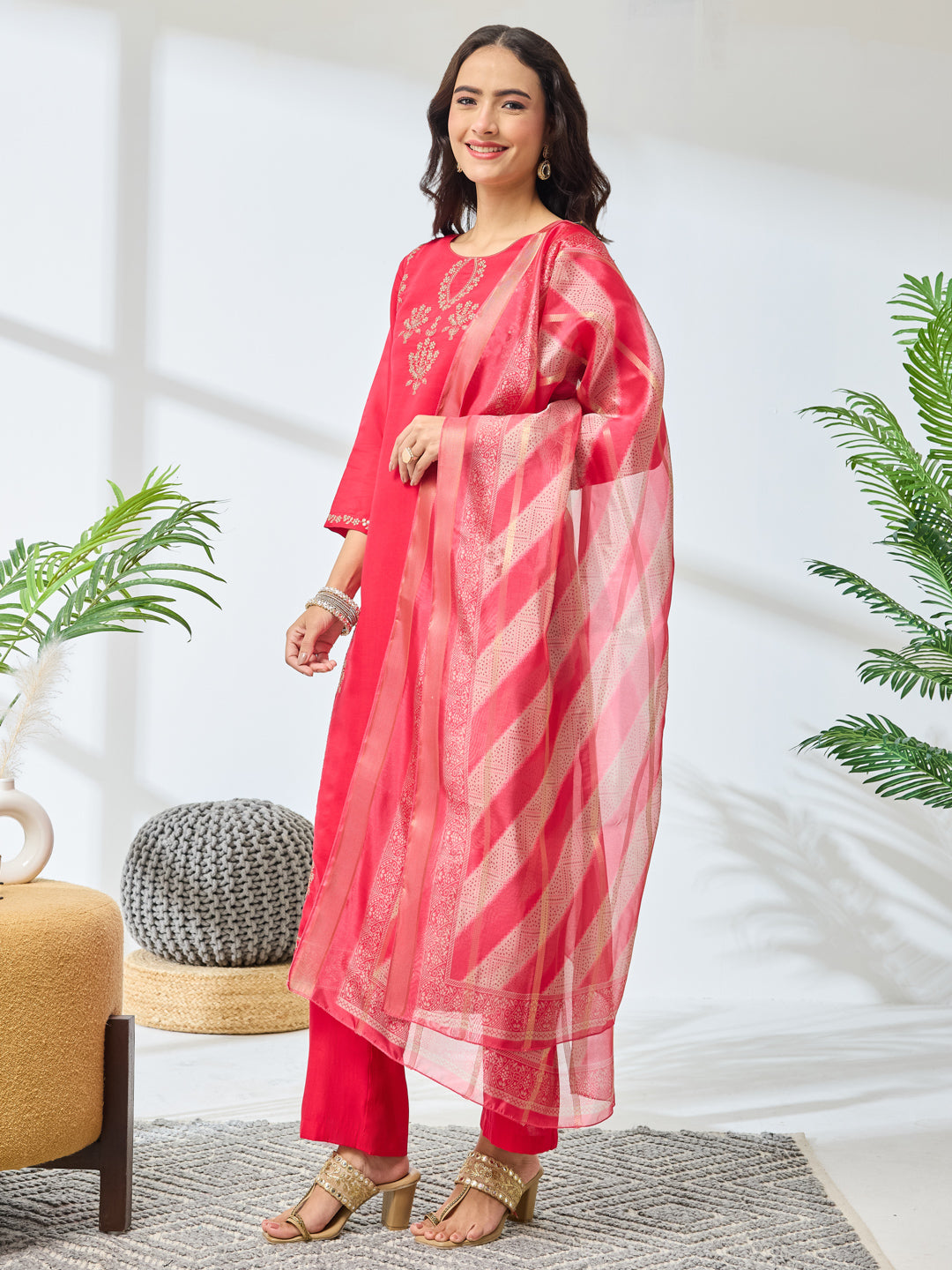 Janasya Pink Straight Silk Blend Kurta,Bottom & Dupatta - Dista