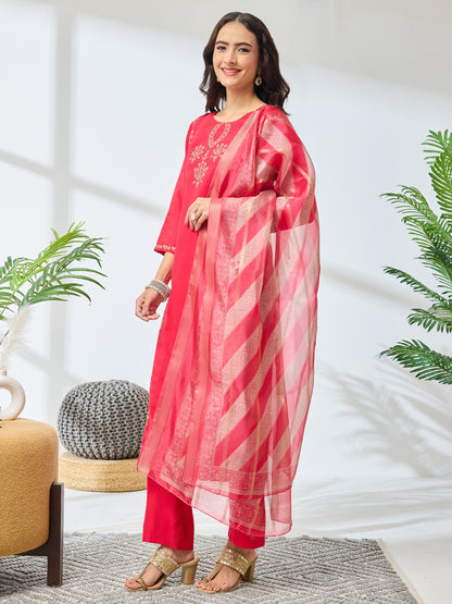 Janasya Pink Straight Silk Blend Kurta,Bottom & Dupatta - Dista