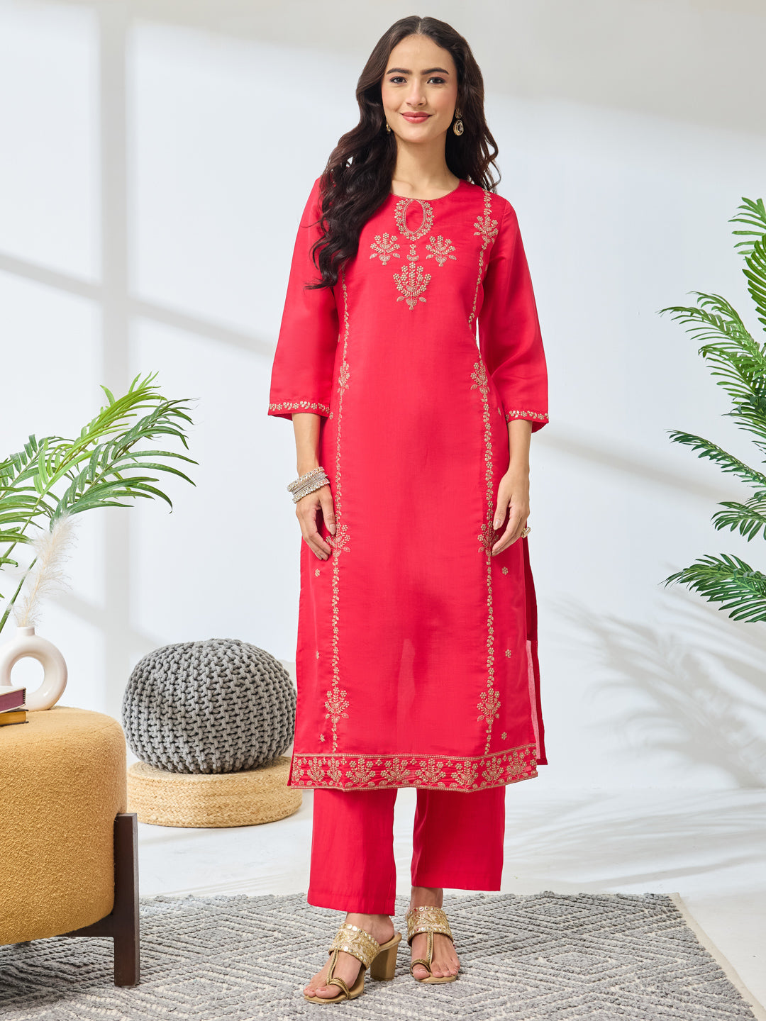 Janasya Pink Straight Silk Blend Kurta,Bottom & Dupatta - Dista