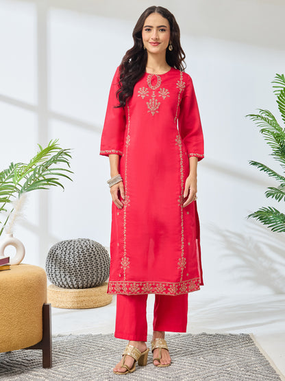 Janasya Pink Straight Silk Blend Kurta,Bottom & Dupatta - Dista