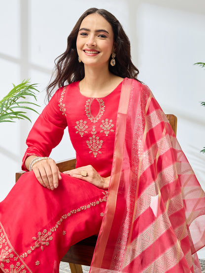 Janasya Pink Straight Silk Blend Kurta,Bottom & Dupatta - Dista