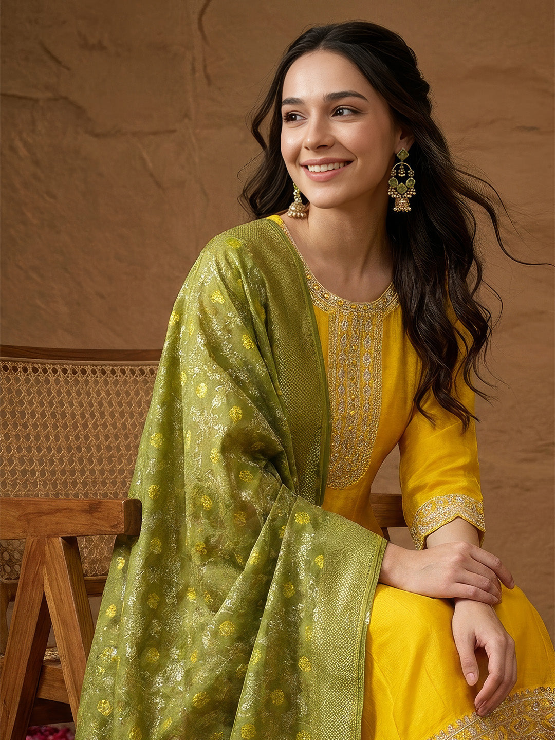 Janasya Yellow Anarkali Silk Blend Kurta,Bottom & Dupatta - Dista