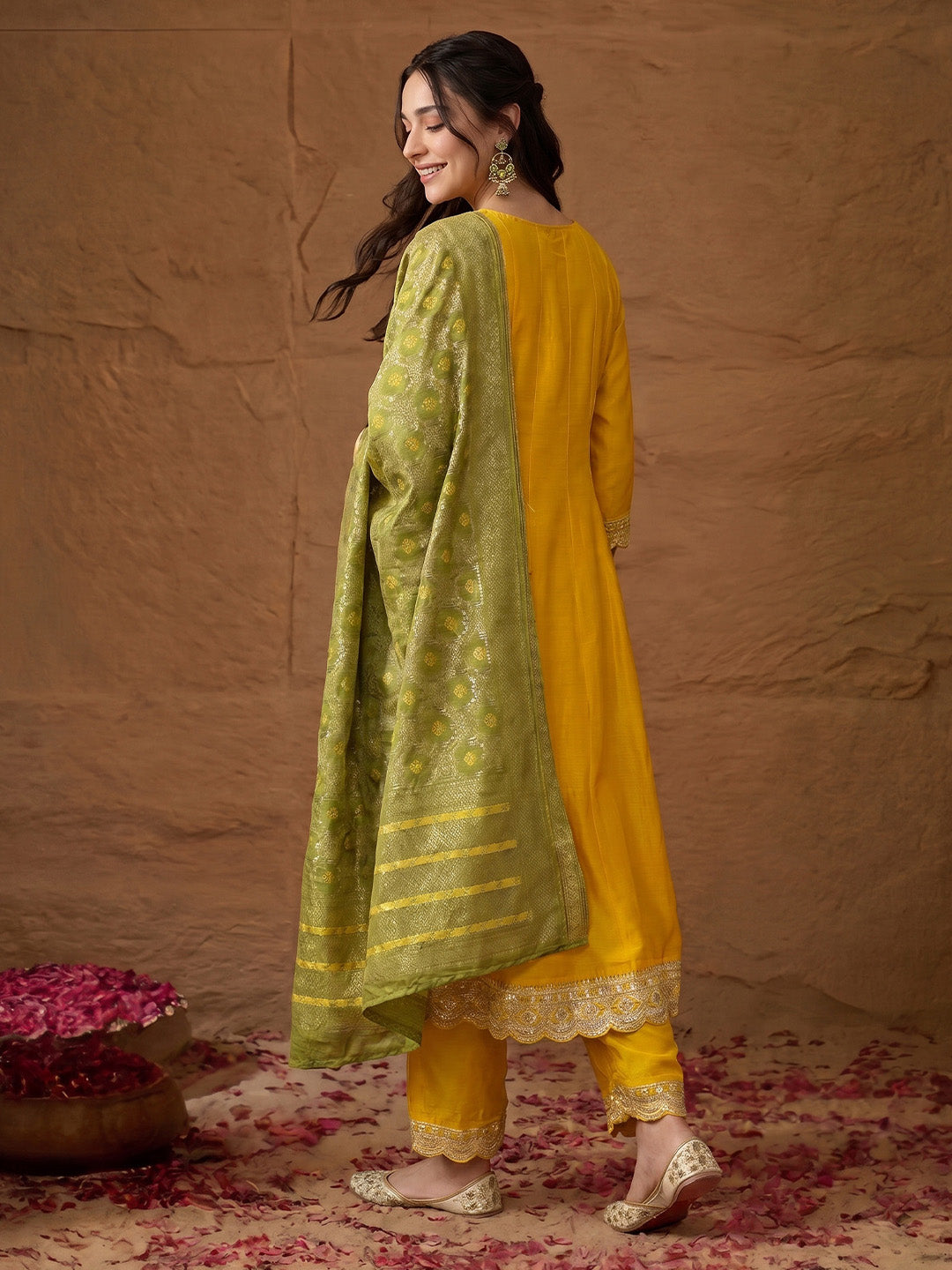 Janasya Yellow Anarkali Silk Blend Kurta,Bottom & Dupatta - Dista