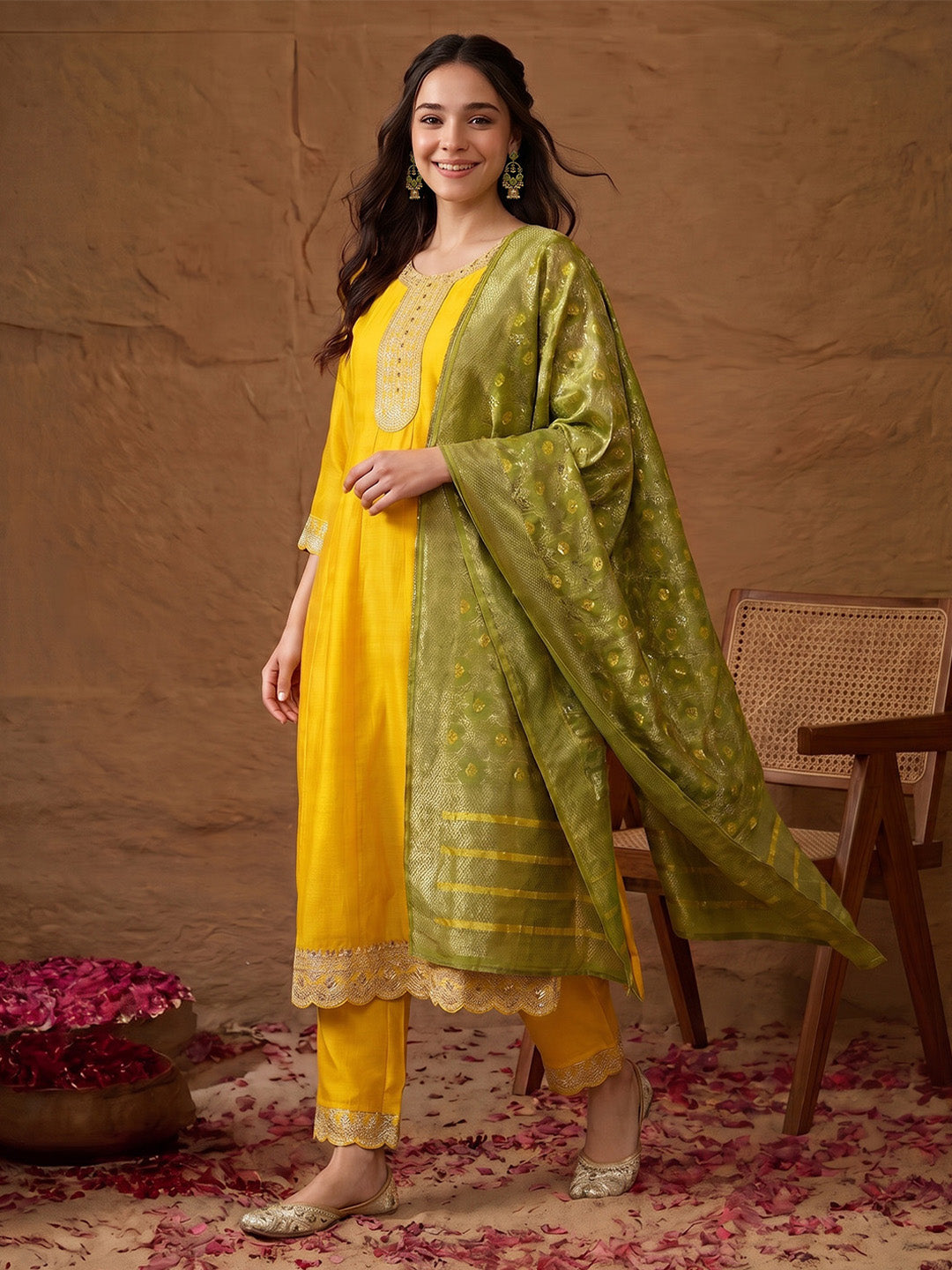 Janasya Yellow Anarkali Silk Blend Kurta,Bottom & Dupatta - Dista