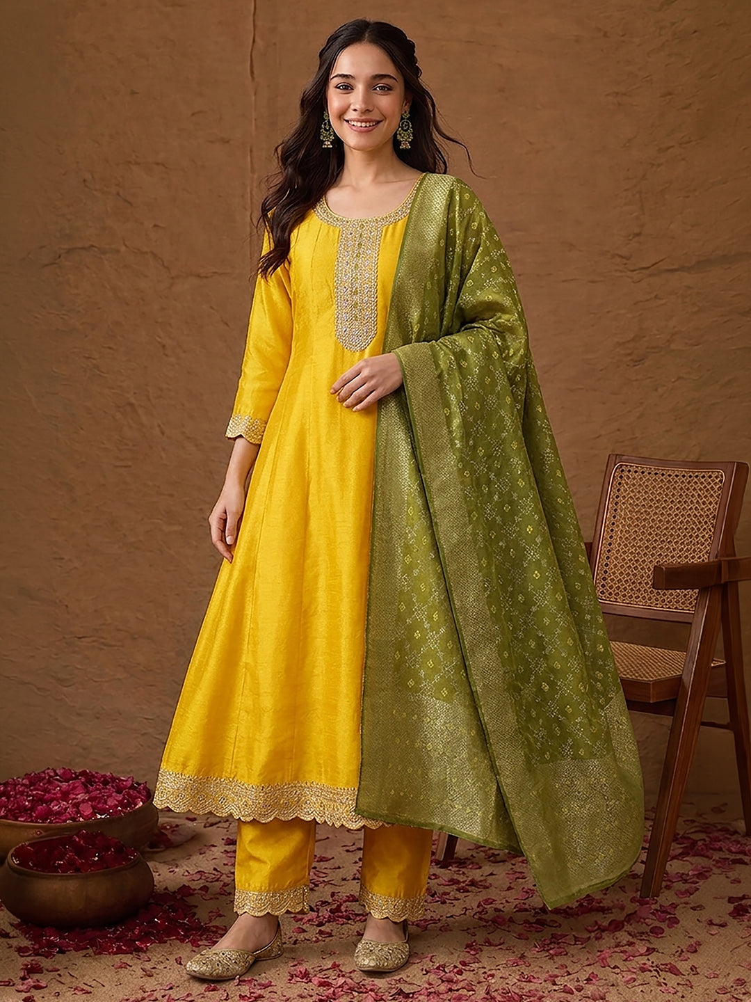 Janasya Yellow Anarkali Silk Blend Kurta,Bottom & Dupatta - Dista