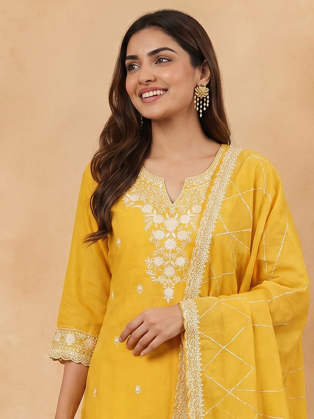 Janasya Yellow Straight Silk Blend Kurta,Bottom & Dupatta - Dista
