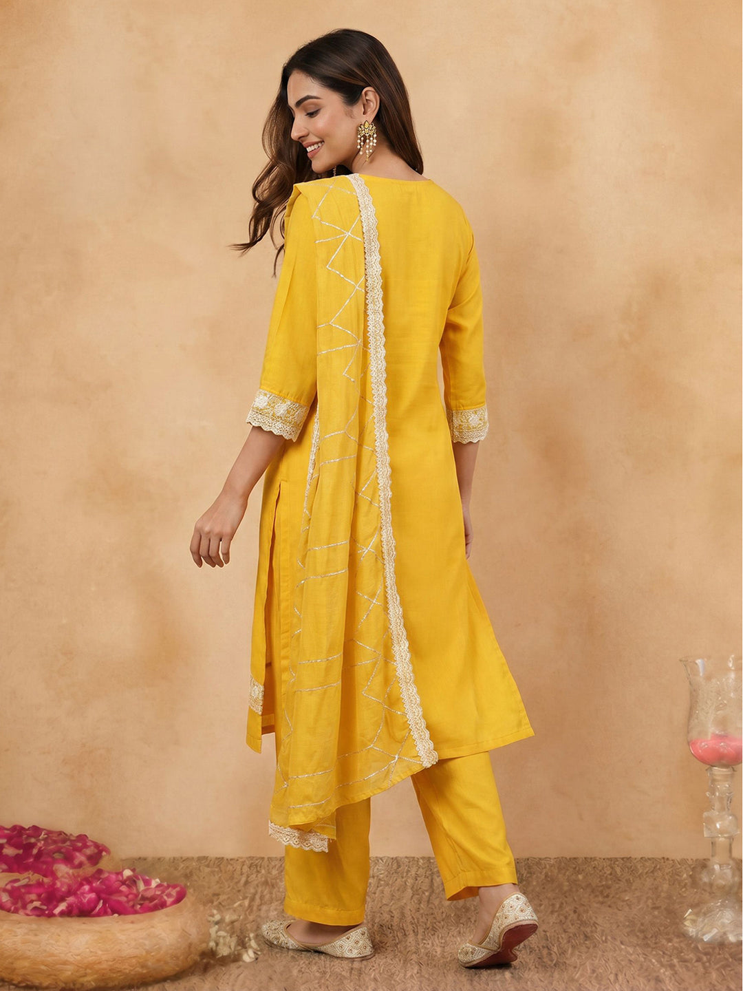 Janasya Yellow Straight Silk Blend Kurta,Bottom & Dupatta - Dista