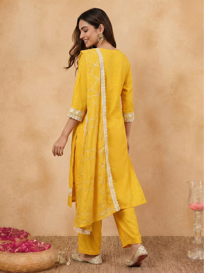 Janasya Yellow Straight Silk Blend Kurta,Bottom & Dupatta - Dista