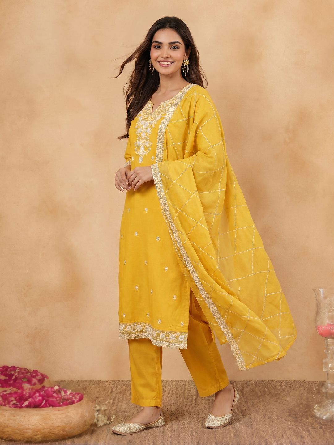 Janasya Yellow Straight Silk Blend Kurta,Bottom & Dupatta - Dista