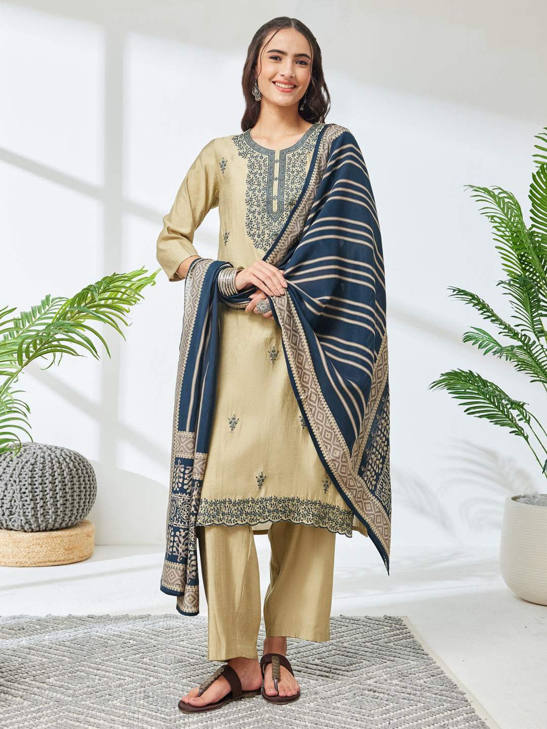 Janasya Olive Straight Chanderi Kurta,Bottom & Dupatta - Dista