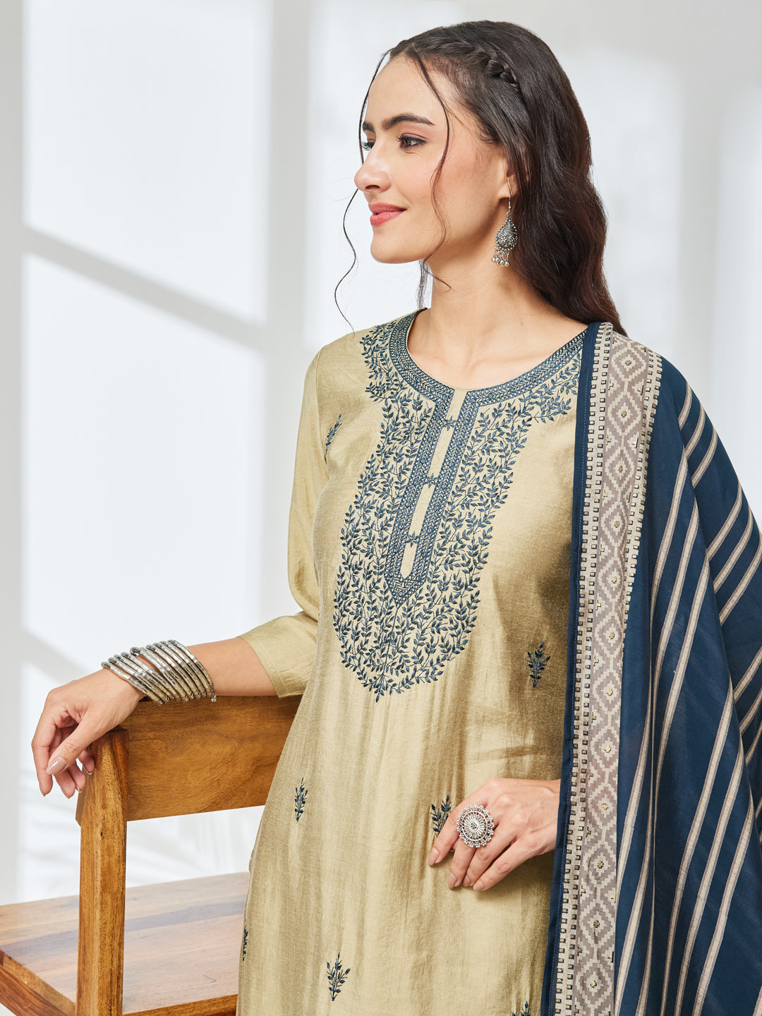 Janasya Olive Straight Chanderi Kurta,Bottom & Dupatta - Dista