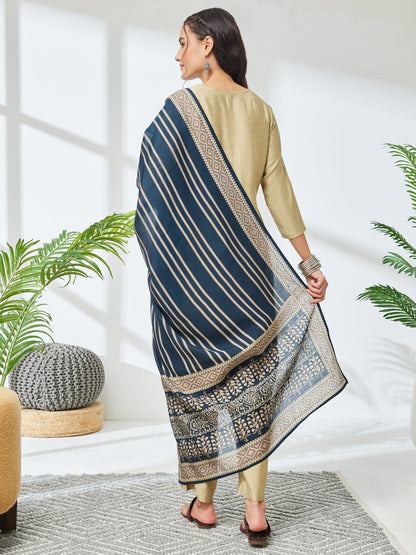 Janasya Olive Straight Chanderi Kurta,Bottom & Dupatta - Dista
