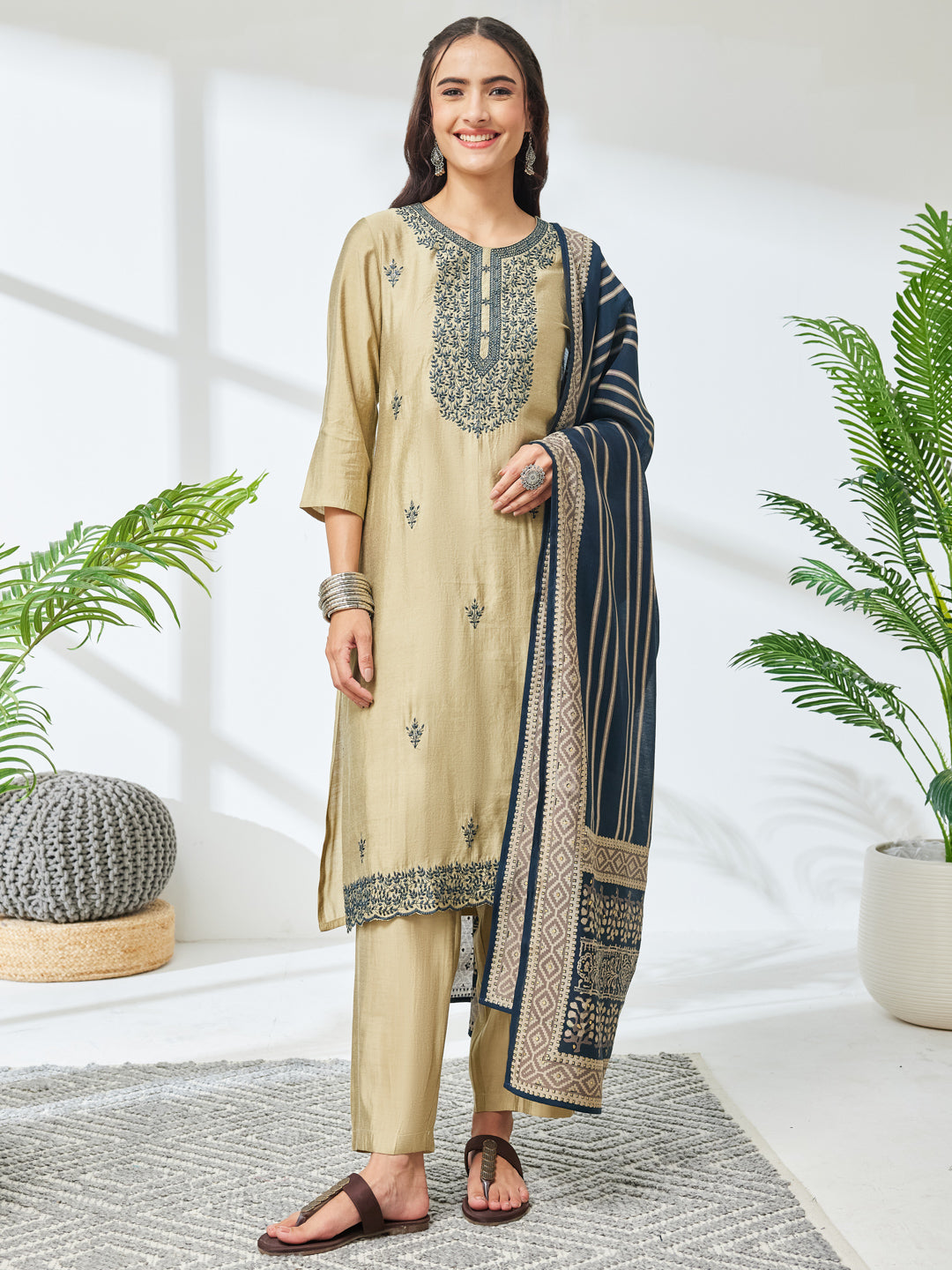 Janasya Olive Straight Chanderi Kurta,Bottom & Dupatta - Dista