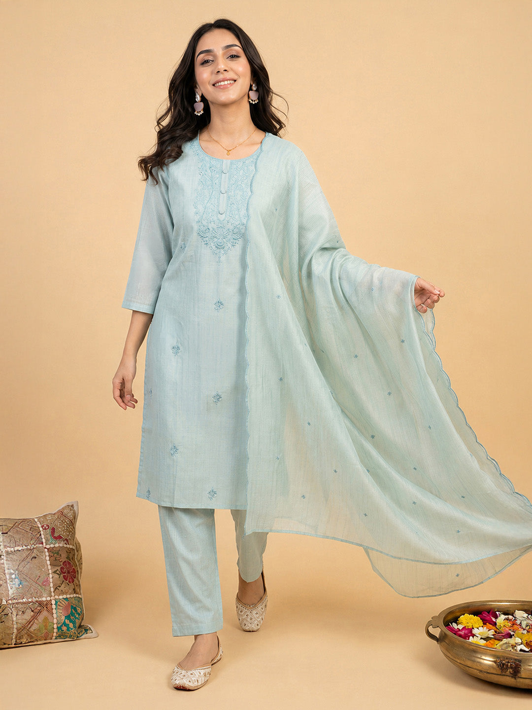 Janasya Sage Straight Cotton Blend Kurta,Bottom & Dupatta - Dista