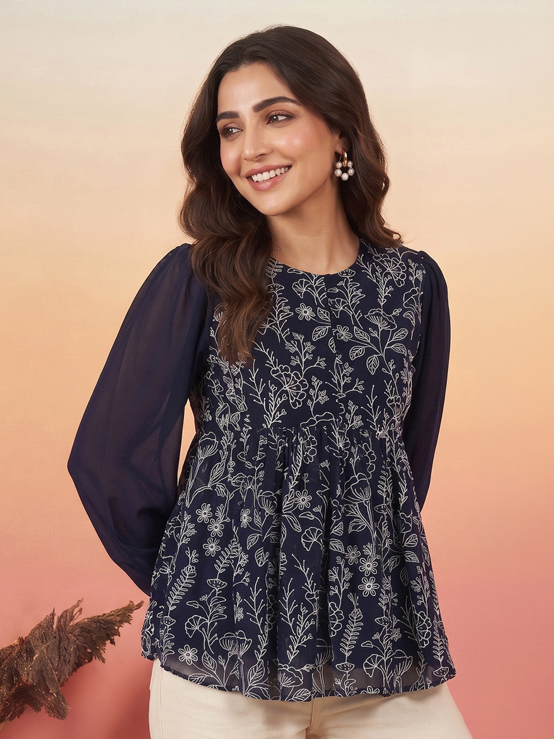 Janasya Navy Blue Peplum Georgette Top - Dista
