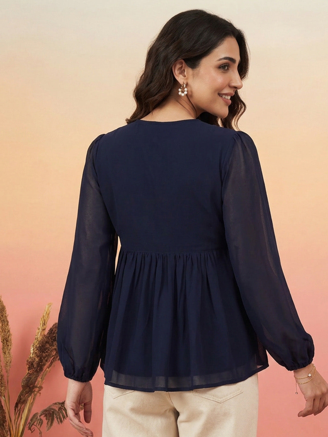 Janasya Navy Blue Peplum Georgette Top - Dista