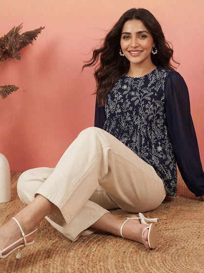Janasya Navy Blue Peplum Georgette Top - Dista
