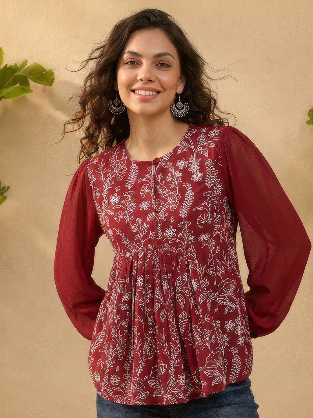 Janasya Maroon Peplum Georgette Top - Dista