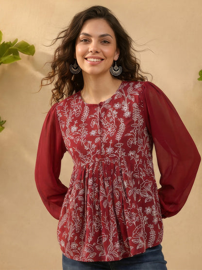 Janasya Maroon Peplum Georgette Top - Dista