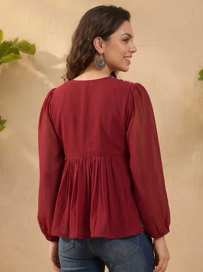 Janasya Maroon Peplum Georgette Top - Dista