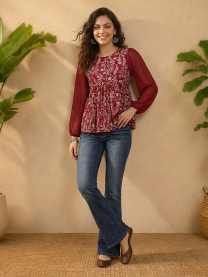 Janasya Maroon Peplum Georgette Top - Dista
