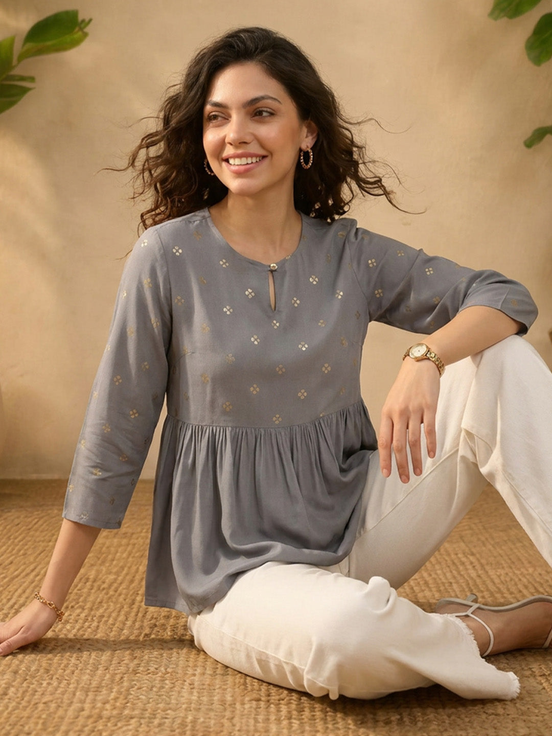 Janasya Grey A-Line Rayon Tunic - Dista