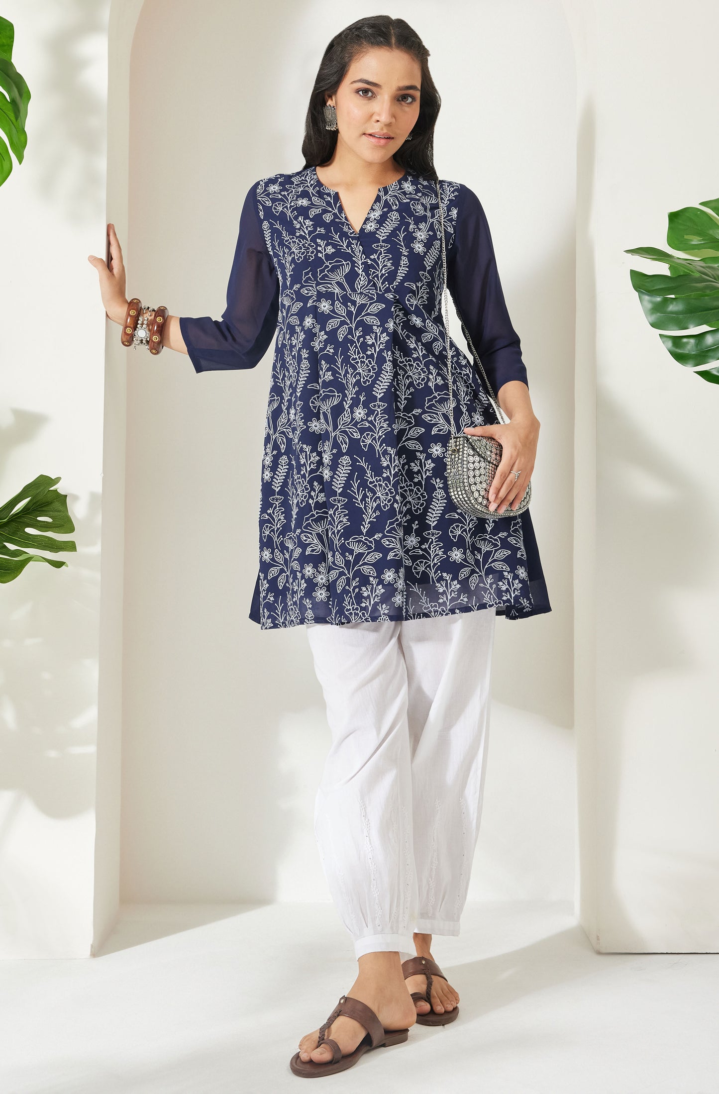 Janasya Navy Blue A-Line Georgette Tunic - Dista