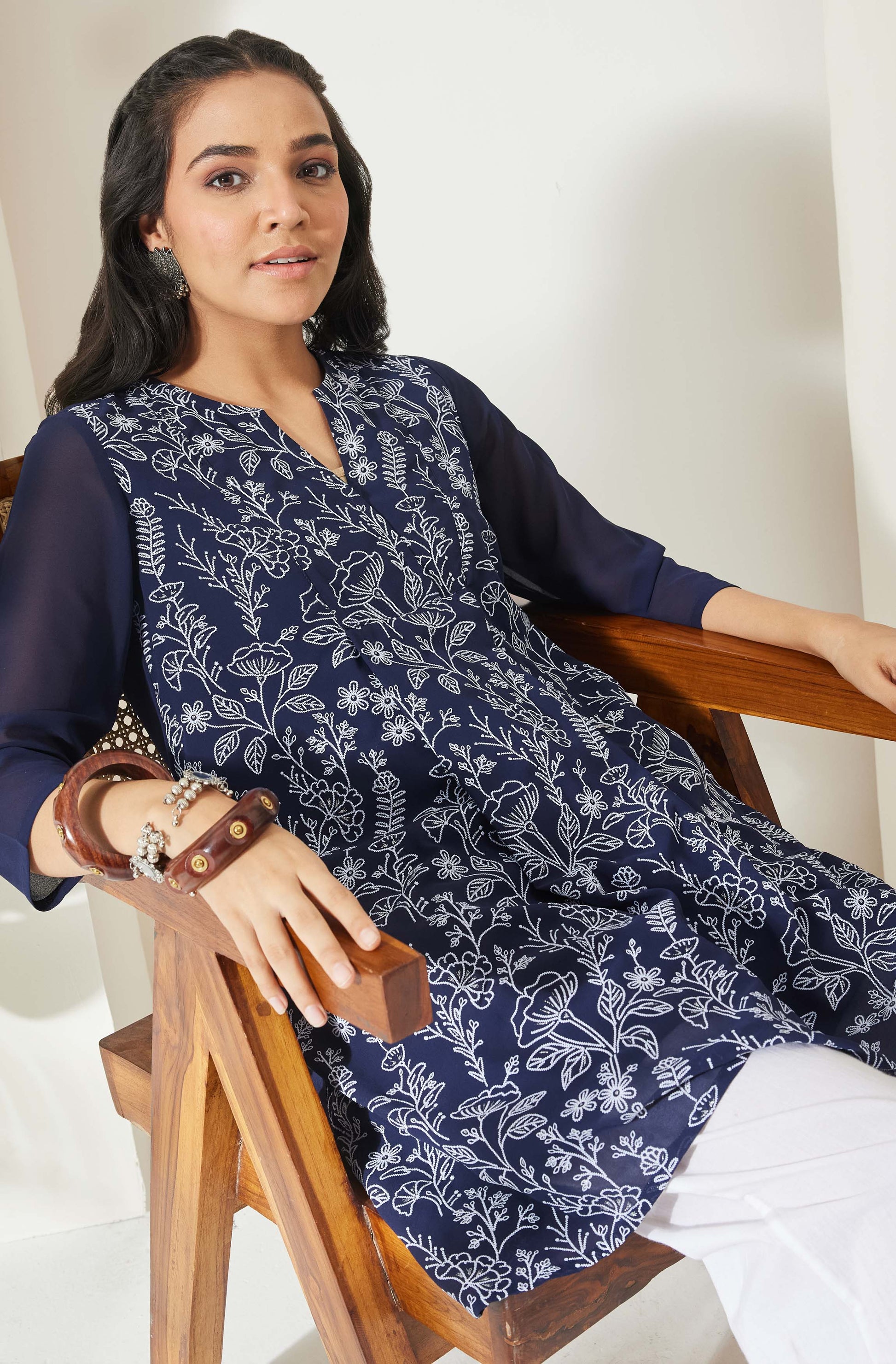Janasya Navy Blue A-Line Georgette Tunic - Dista