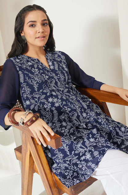 Janasya Navy Blue A-Line Georgette Tunic - Dista