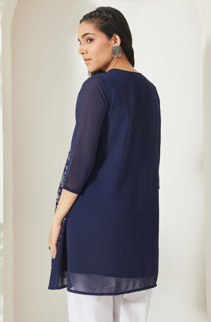 Janasya Navy Blue A-Line Georgette Tunic - Dista