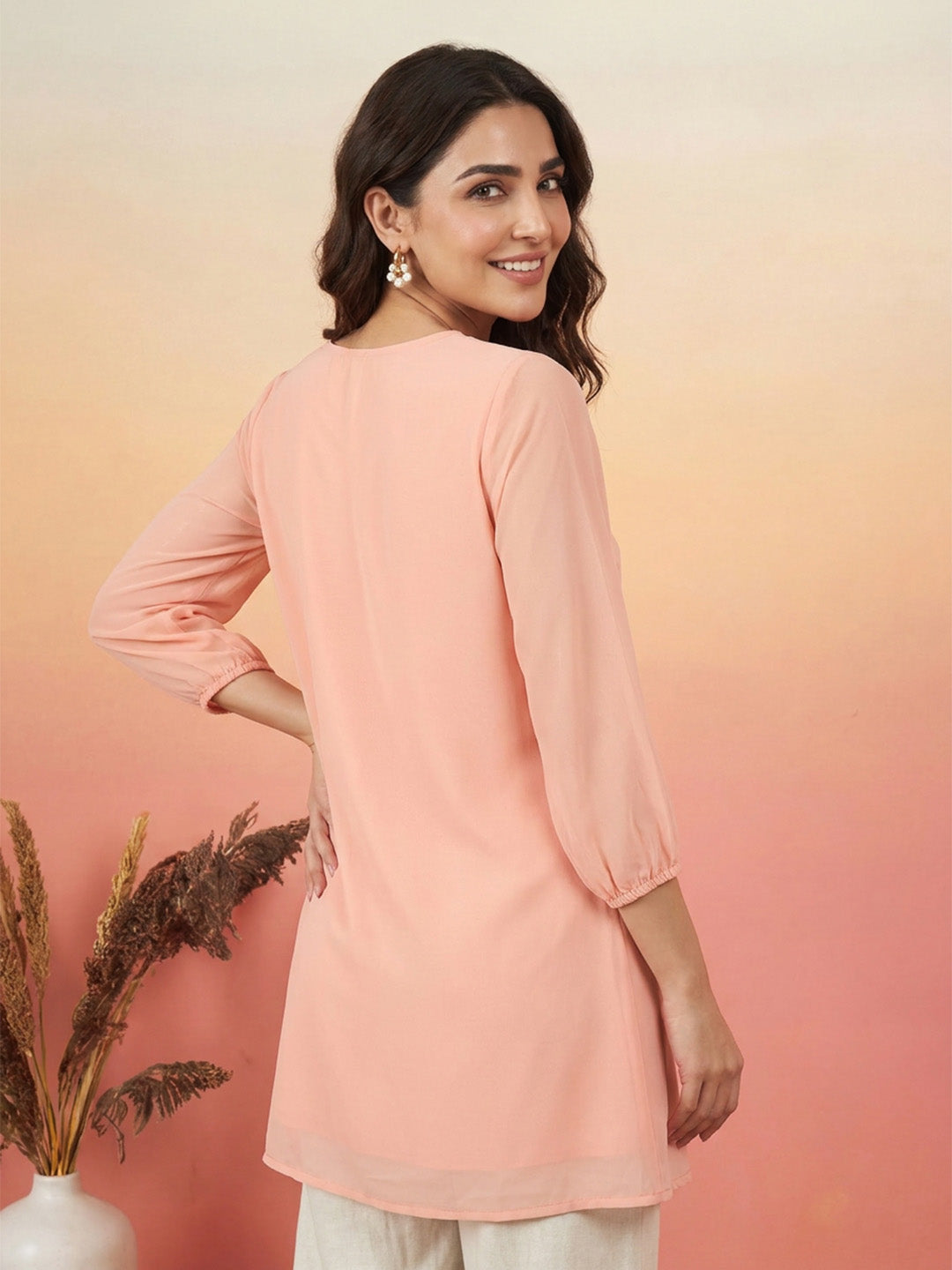 Janasya Peach A-Line Georgette Tunic - Dista