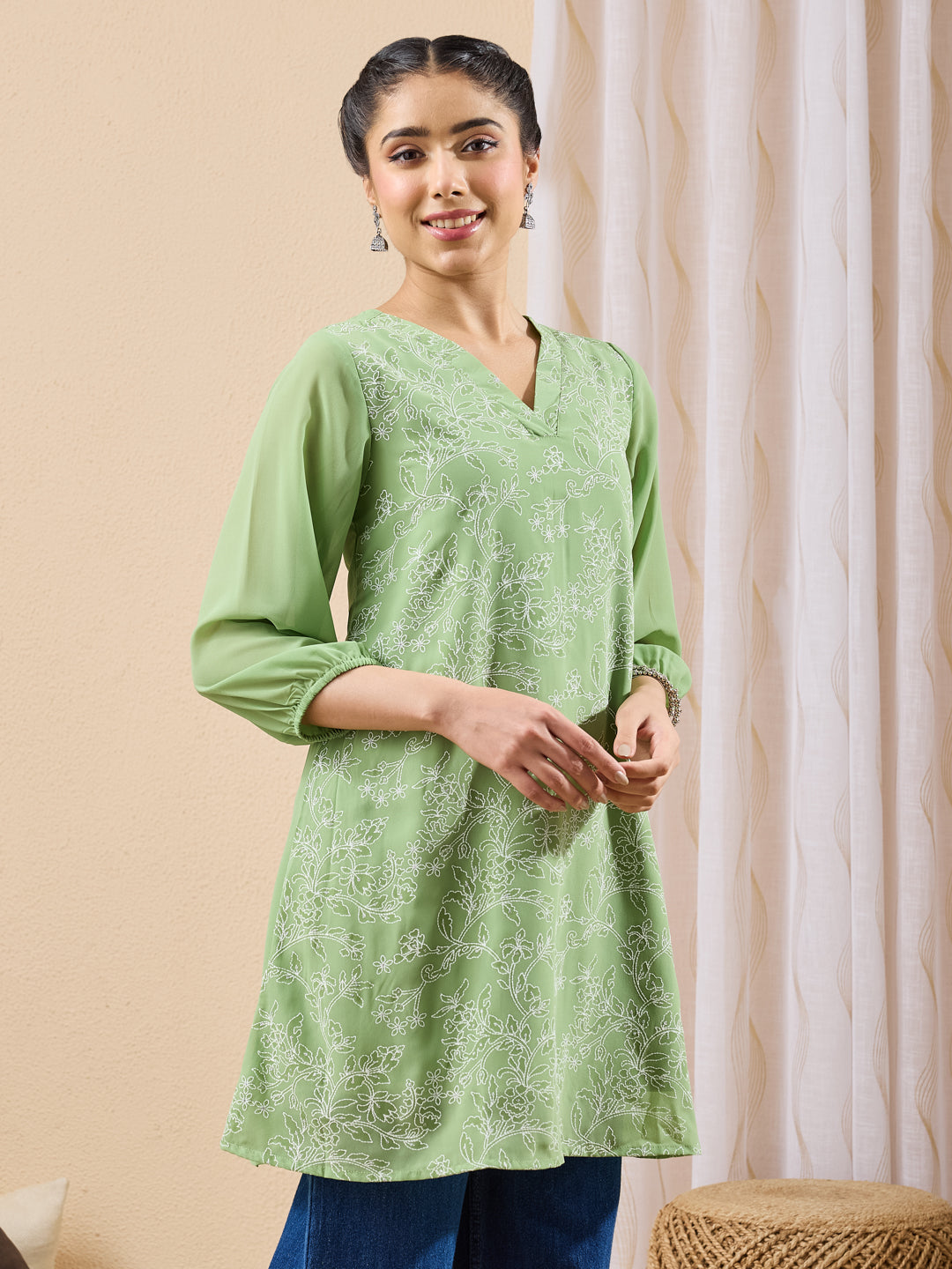 Janasya Mint A-Line Georgette Tunic - Dista