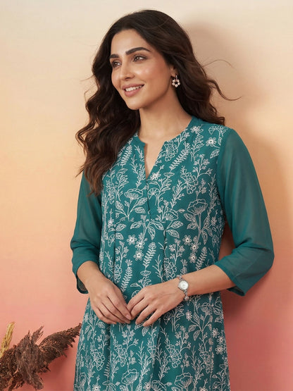 Janasya Teal A-Line Georgette Tunic - Dista