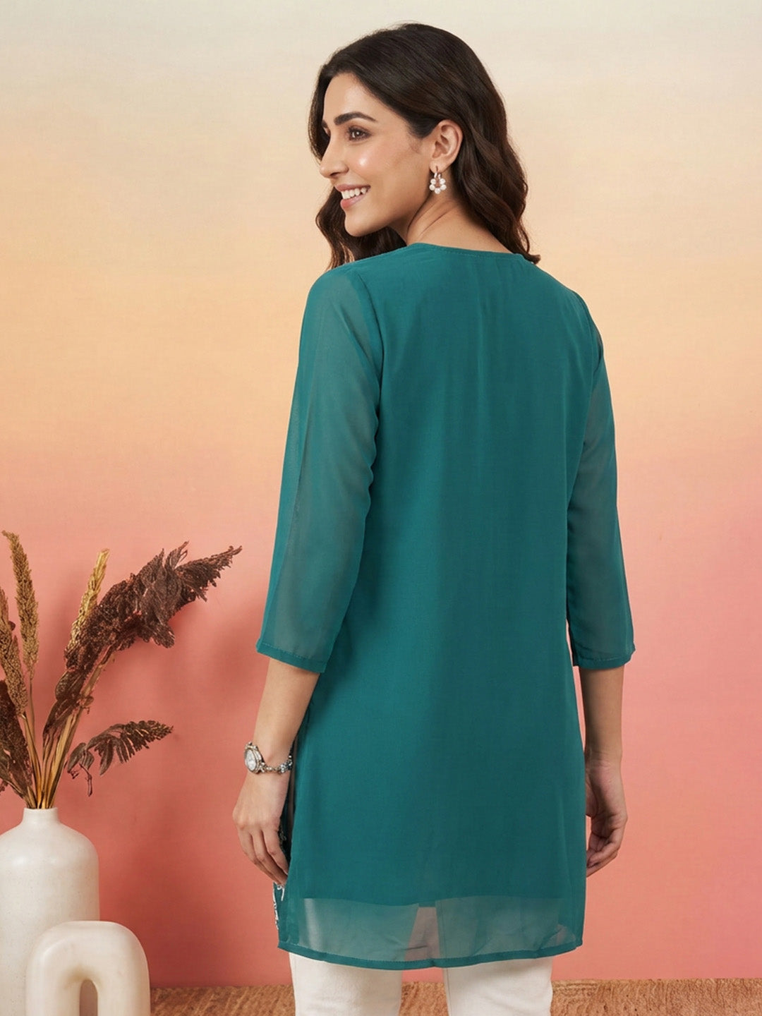 Janasya Teal A-Line Georgette Tunic - Dista