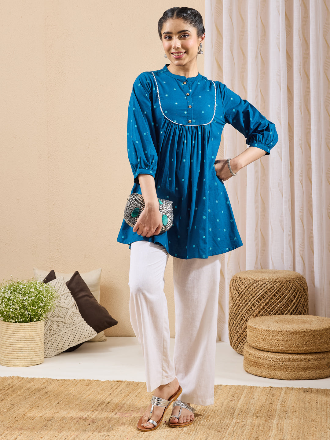 Janasya Teal A-Line Cotton Tunic - Dista