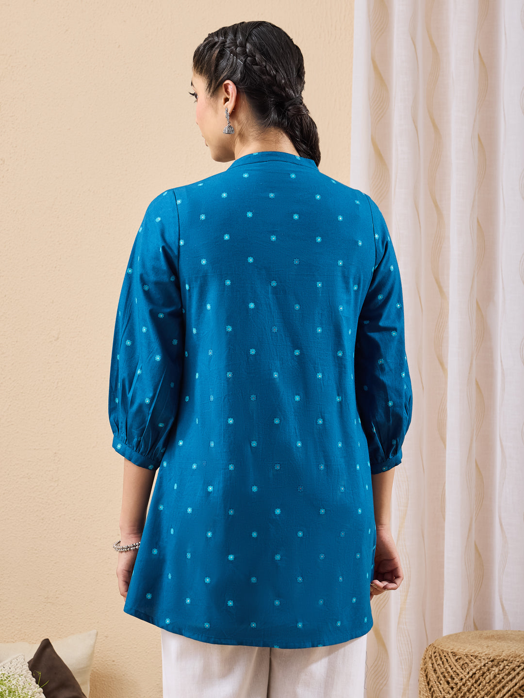Janasya Teal A-Line Cotton Tunic - Dista