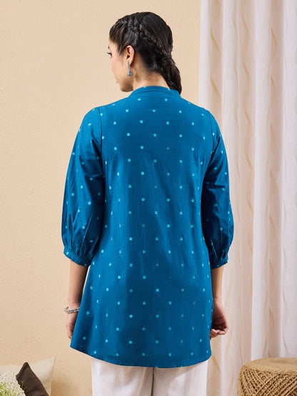 Janasya Teal A-Line Cotton Tunic - Dista