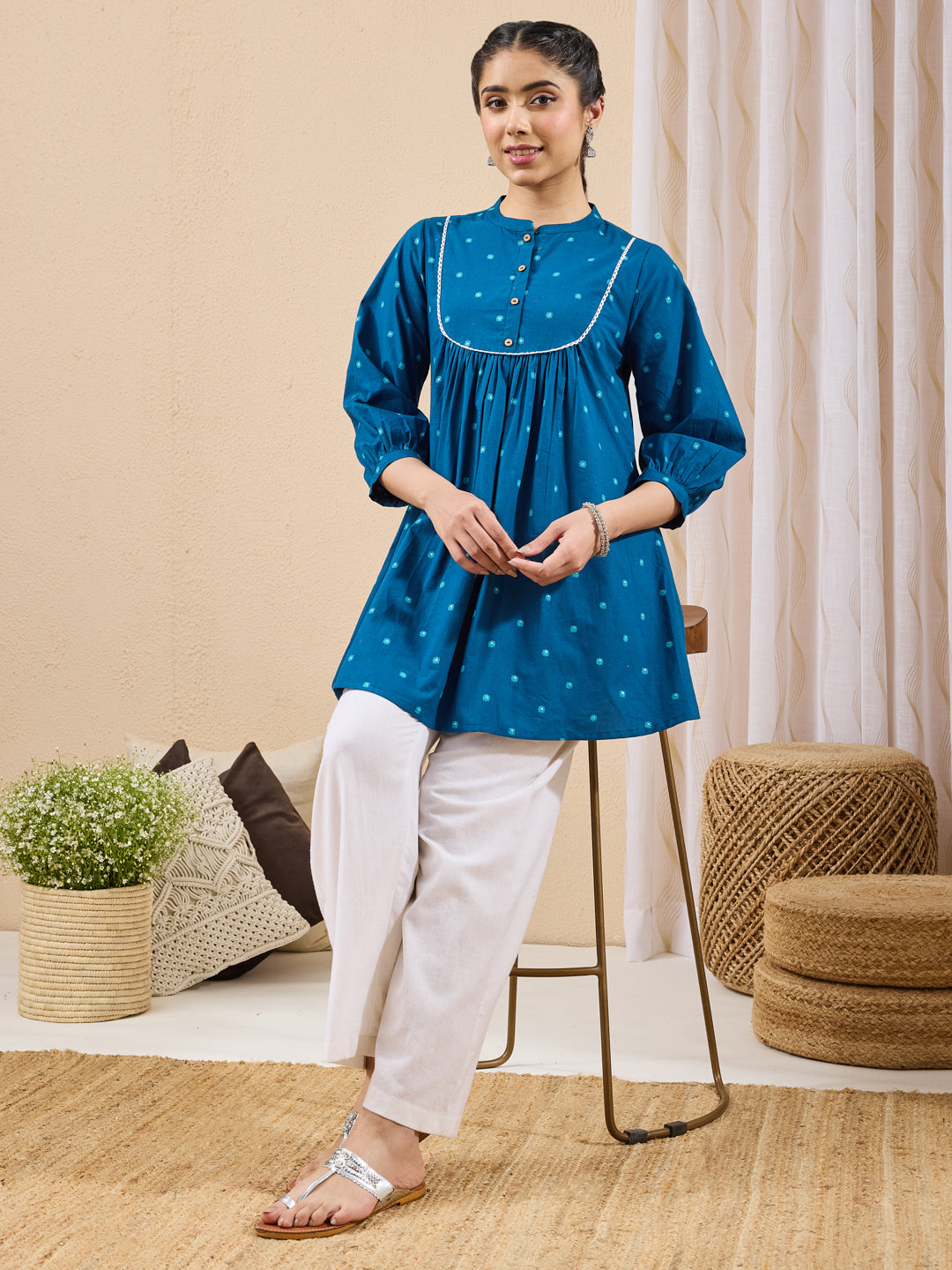 Janasya Teal A-Line Cotton Tunic - Dista