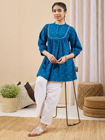 Janasya Teal A-Line Cotton Tunic - Dista