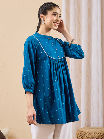 Janasya Teal A-Line Cotton Tunic - Dista