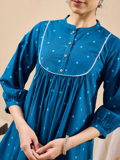 Janasya Teal A-Line Cotton Tunic - Dista