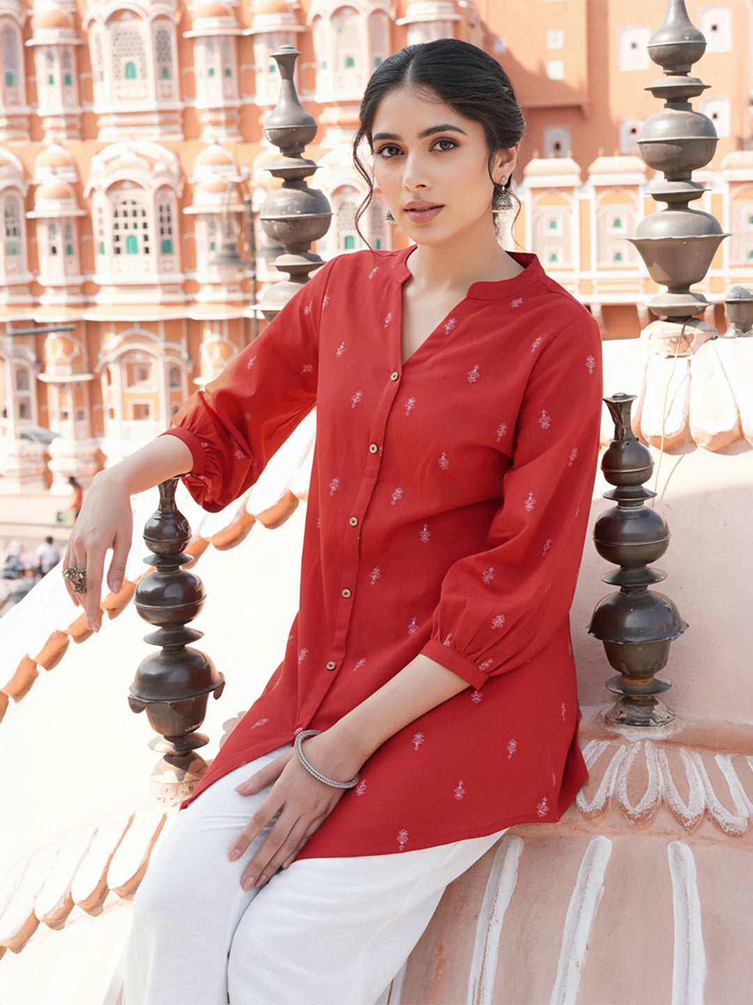 Janasya Red Straight Cotton Tunic - Dista
