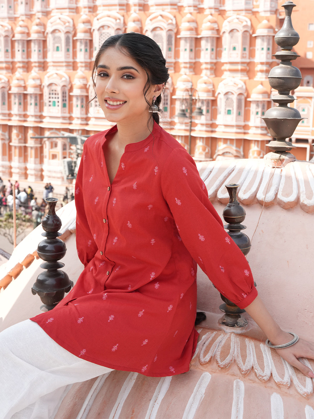 Janasya Red Straight Cotton Tunic - Dista