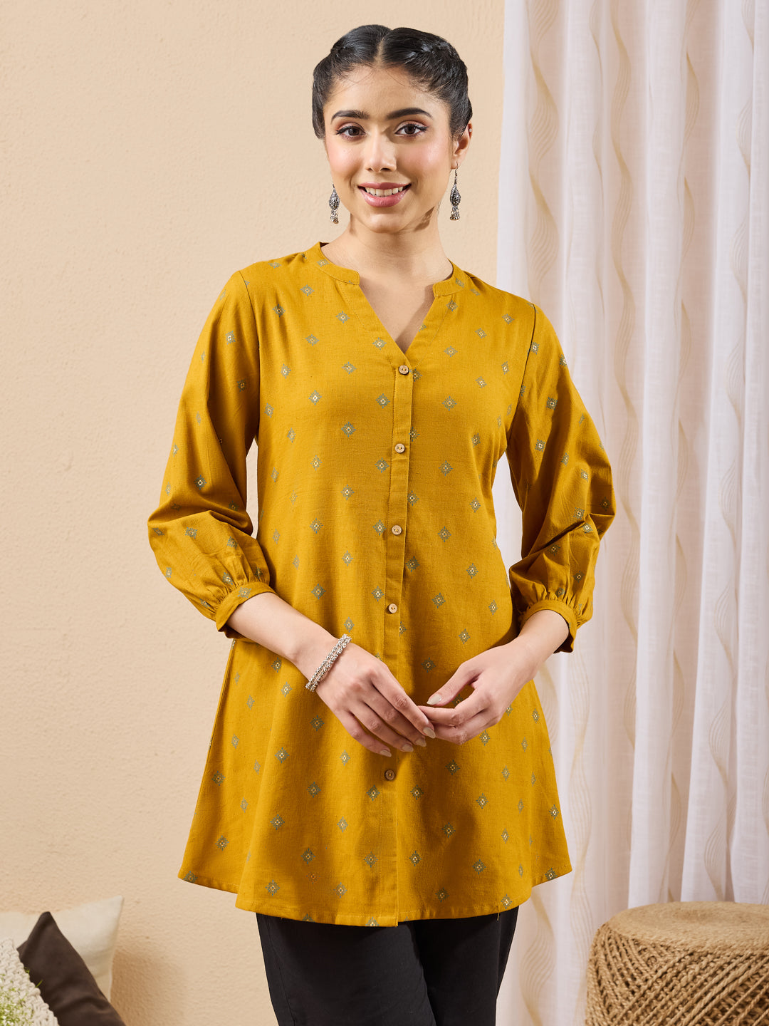 Janasya Mustard Straight Cotton Tunic - Dista