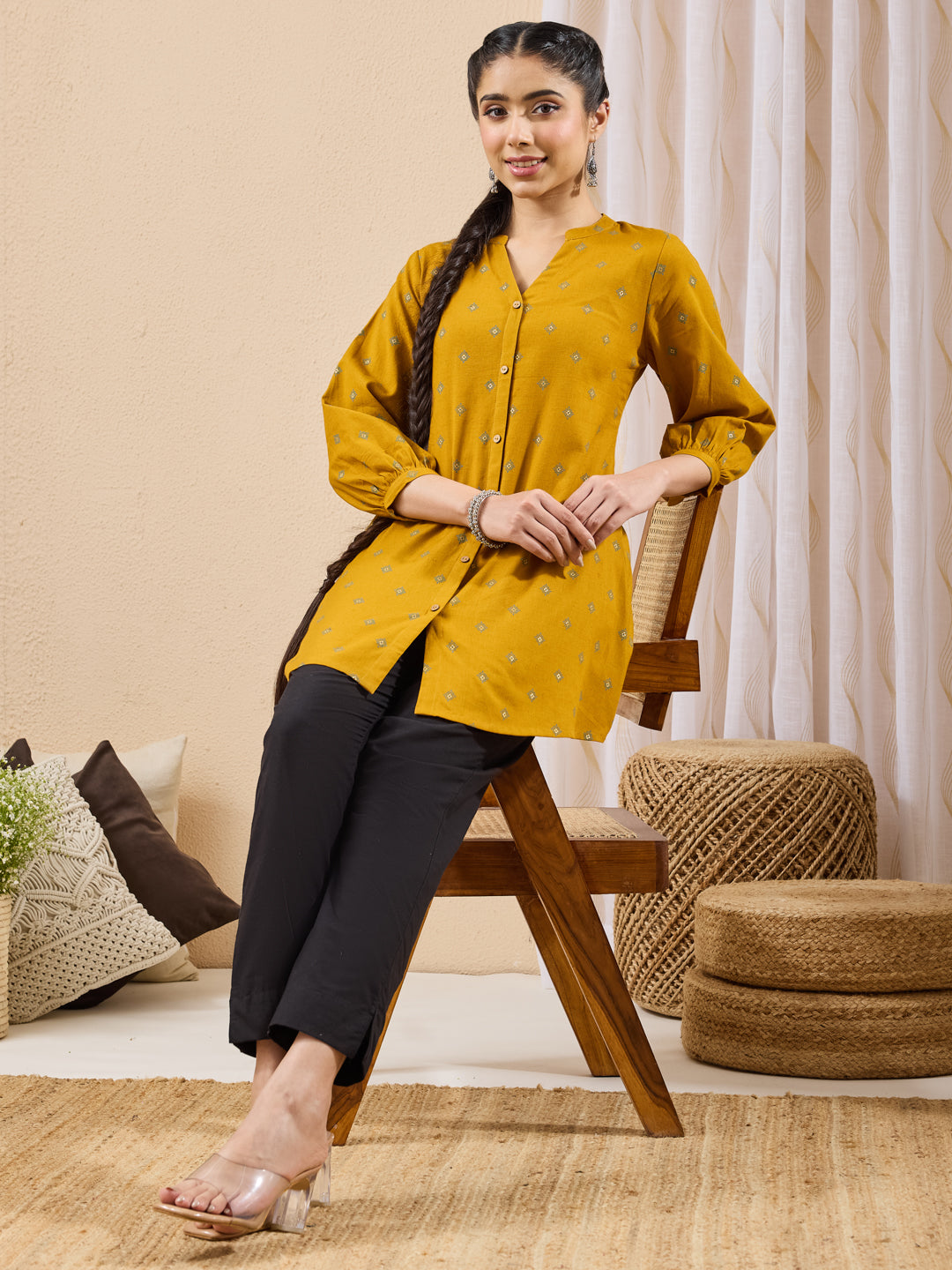 Janasya Mustard Straight Cotton Tunic - Dista