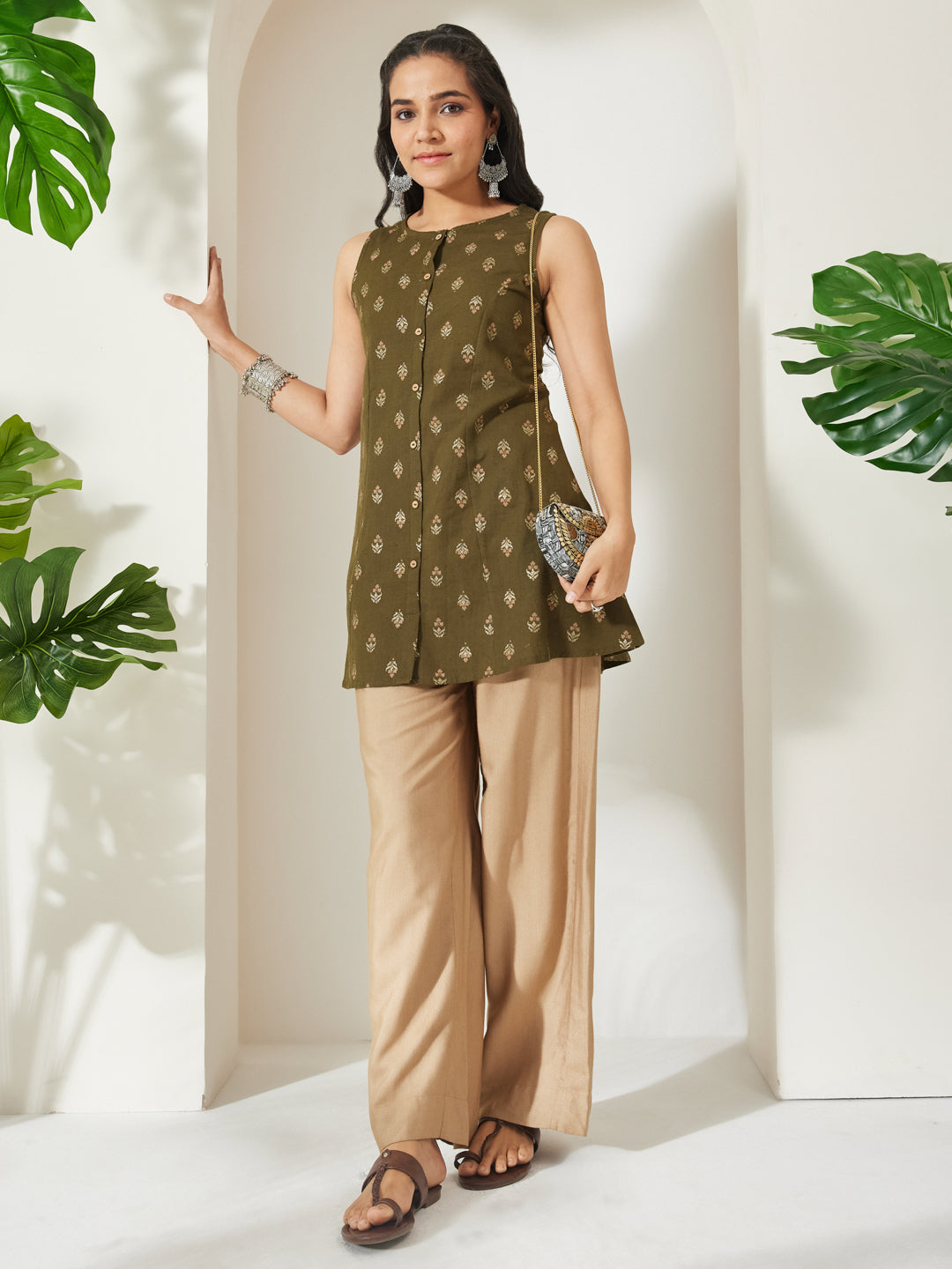 Janasya Olive A-Line Cotton Tunic - Dista